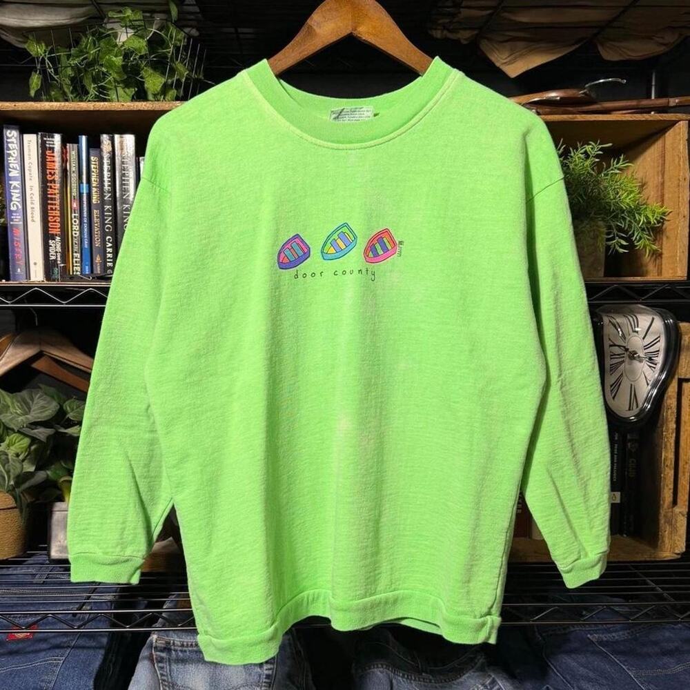 Vintage 90s Door County Boats Crewneck Green Indie Cottage Sweatshirt Medium